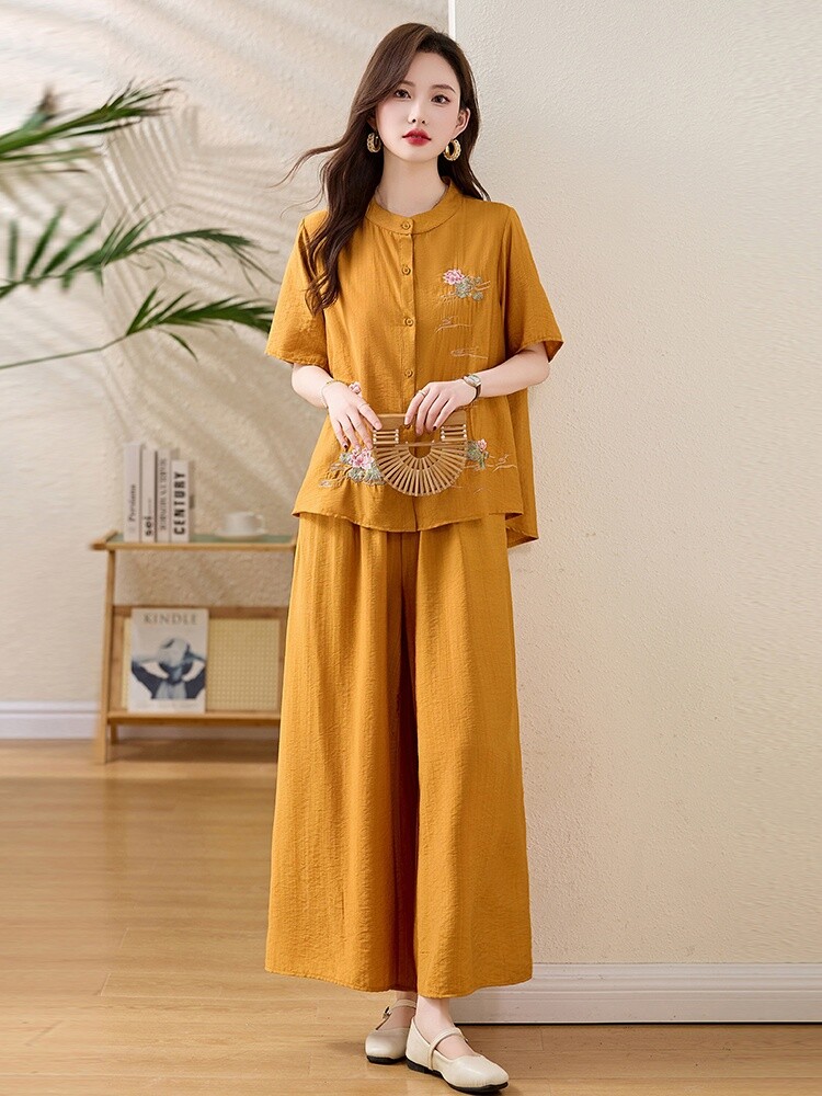 复古红色新中式刺绣套装女2025夏季宽松显瘦圆领衬衫阔腿裤两件套,女装套装/套裙,涵墨