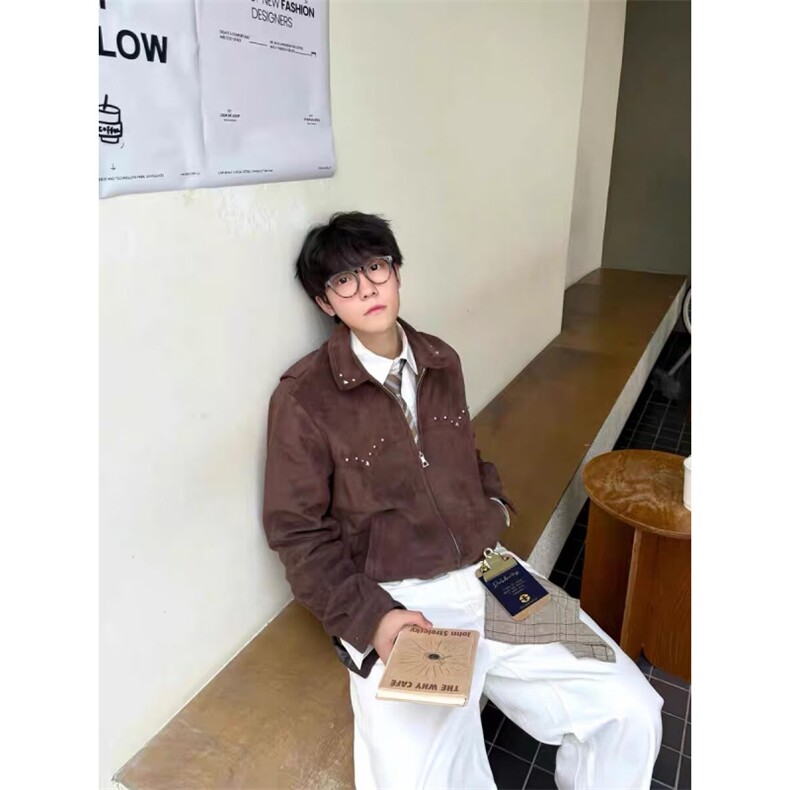 百搭ins简约新款慵懒时尚日系气质麂皮绒复空气层铆钉夹克潮流,男装夹克,星座506A