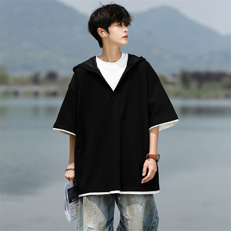 8XL-M假两件短袖卫衣连帽t恤男夏季薄款宽松大码学生半袖DT007P48,男装T恤,电商B312
