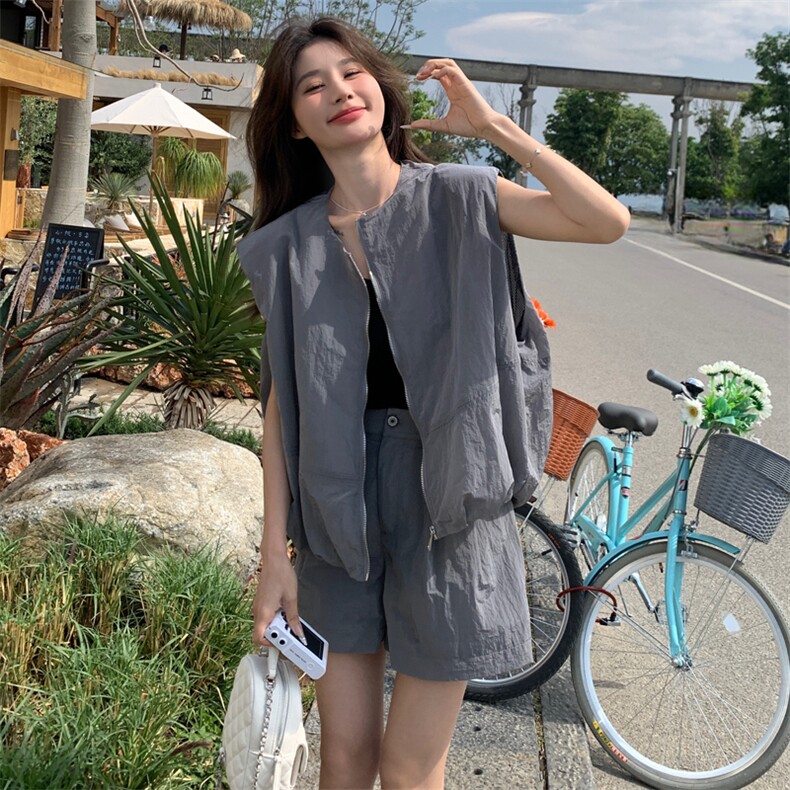 夏季新款套装无袖短裤宽松腰纯色透气两件套防晒服女8812p115k165,女装套装/套裙,2D143