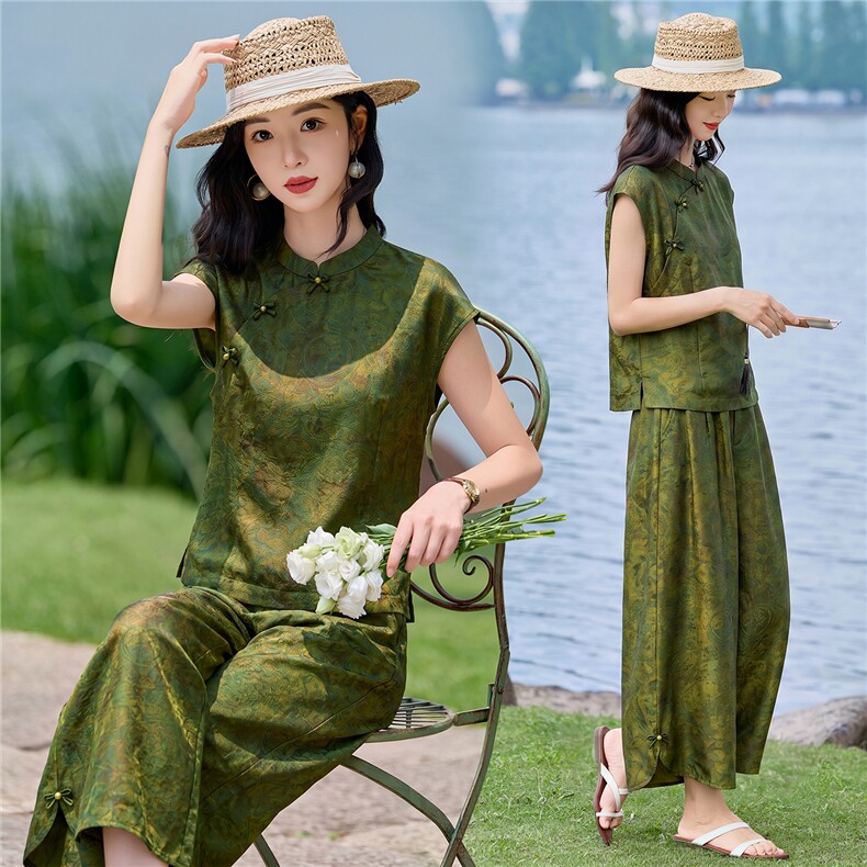 （现货）新中式时尚立领套装2026夏季新款提花修身显瘦气质套裤,女装套装/套裙,难舍钰依