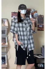 韩版潮流复古格子大码翻领短袖衬衫内搭外套DC2219-P24【特价】，男装衬衫，电商A007