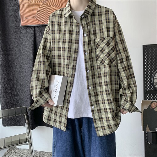 21秋新款港风ins长袖格子衬衫学生衬衣小清新外套男中性H210/P45,男装衬衫,钱塘713
