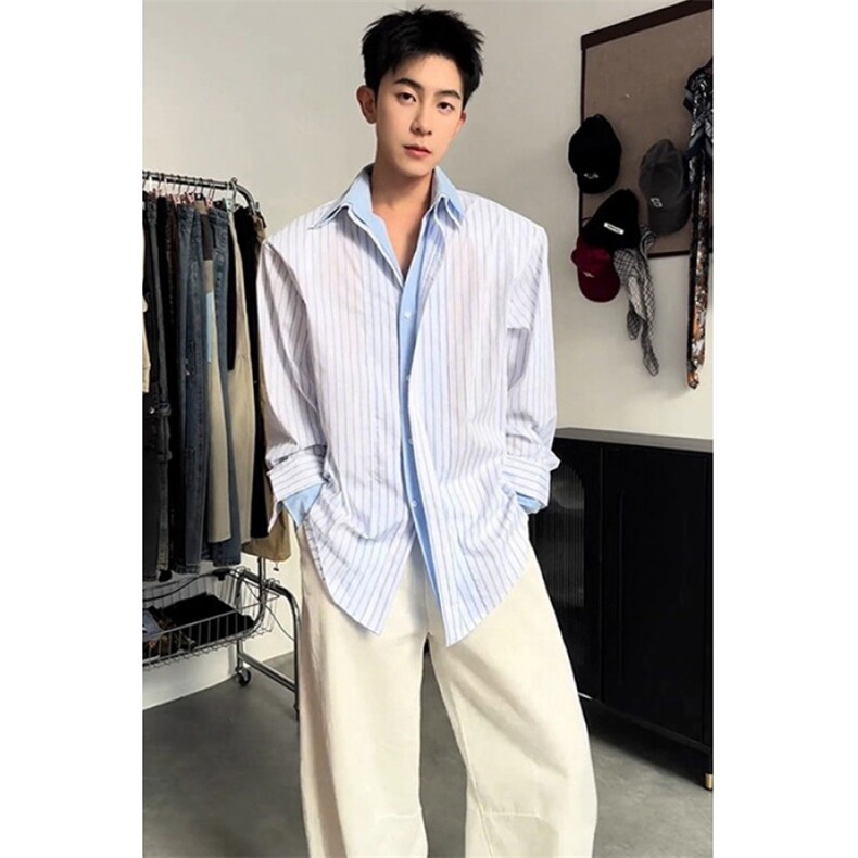 条纹拼接假两件衬衫男秋季学院风度假痞帅宽松防晒衬衣C01，男装防晒衣，星座1116A（原606A-3）