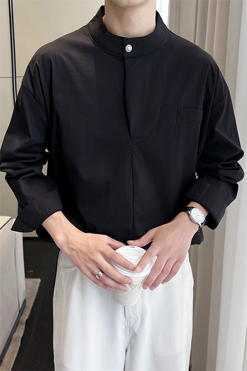 2024抖音轻熟风高级感简约立领中性宽松长袖衬衫L02/P65,男装衬衫,电商A243