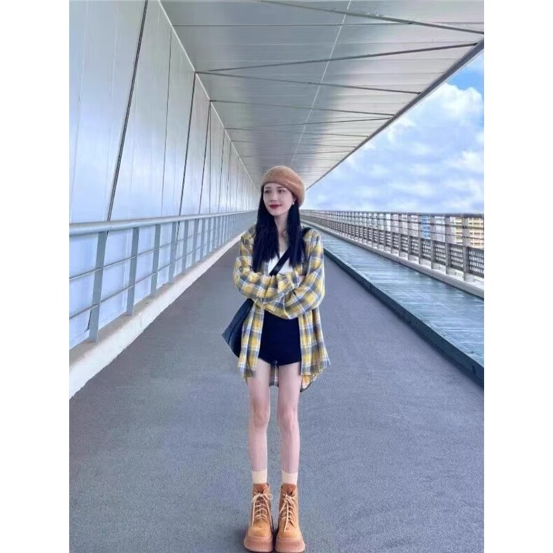 2025春秋新款日系撞色格子衬衫外套女小众独特设计感宽松开衫上衣,男装衬衫,星座506A