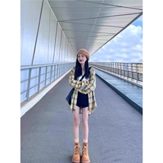 2025春秋新款日系撞色格子衬衫外套女小众独特设计感宽松开衫上衣，男装衬衫，星座506A