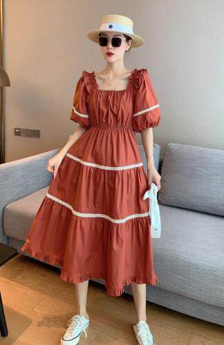夏季新款复古红泡泡袖法式少女连衣裙，女装连衣裙，水锦红