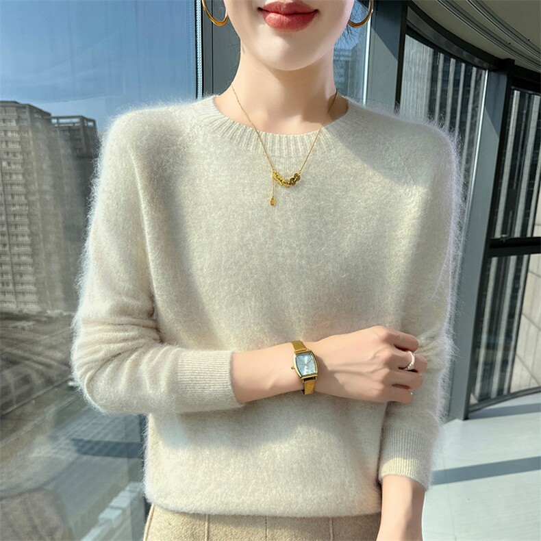 2025秋冬百搭时尚简约圆领长袖针织衫，女装针织衫/毛衣，冬贝尔貂绒