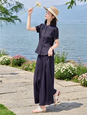 碎花小立领收腰小衫配阔腿裤时尚清新田园风两件套，女装套装/套裙，水衣源
