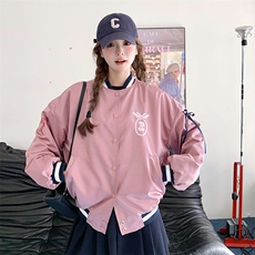 粉色蝴蝶结立领棒球服外套女2025年春秋季韩系学院风显瘦夹克上衣，女装短外套，2C198