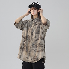 风水墨画高级感上衣男式衬衣复古衬衣男225-2-CS806-P38控55，男装衬衫，星座225-2