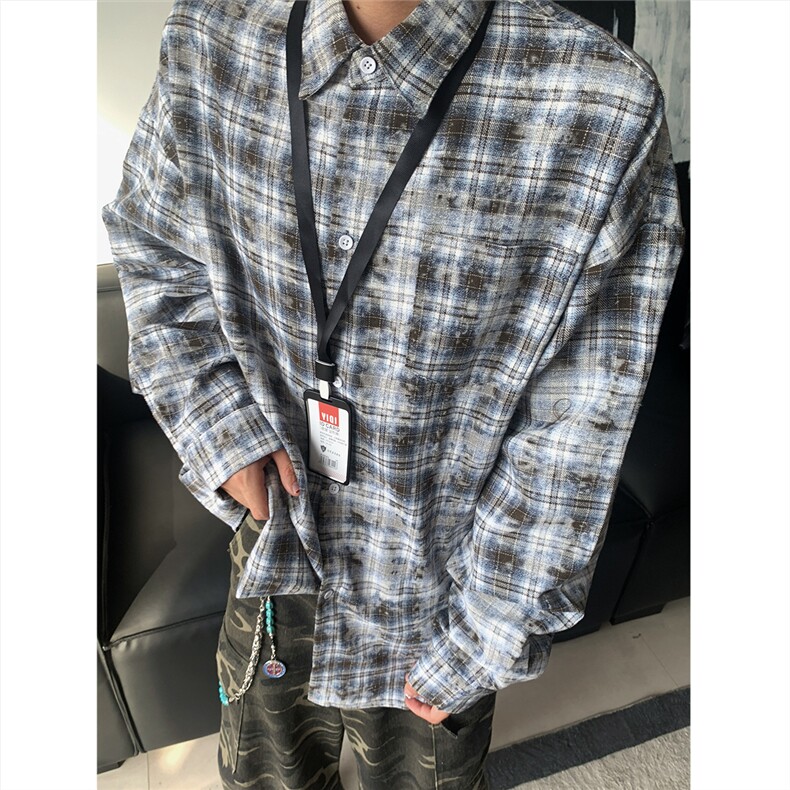 现货~扎染格子大码长袖衬衫C5885/特P28咖啡色,男装衬衫,电商A094