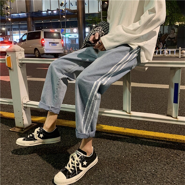 新款港风潮牌条纹直筒阔腿裤日系潮哈伦休闲宽松牛仔裤nz301图片