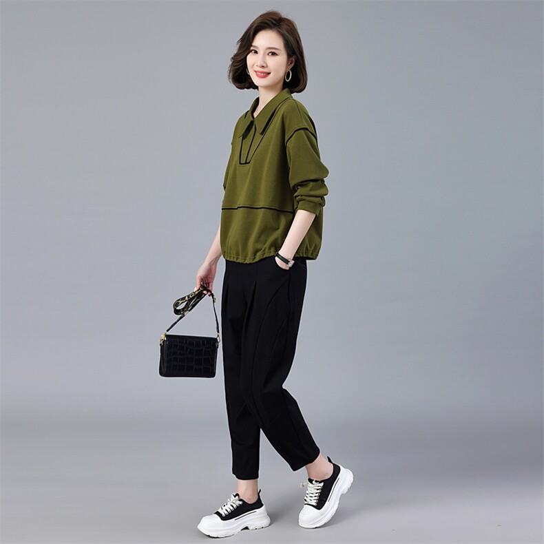 现货新款春季时尚小众设计小翻领百搭休闲套装两件套,女装套装/套裙,深水步