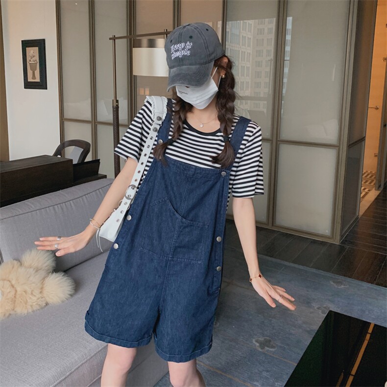 韩版时尚休闲减龄牛仔背带裤套装条纹短袖女2024新款夏季短款裤子,女装套装/套裙,浙宝285（原212）