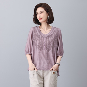 棉麻套装女夏2025新款时尚宽松大码亚麻小个子妈妈洋气减龄两件套图片