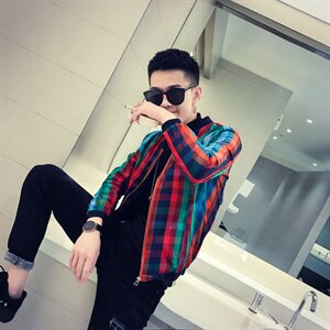 2021社会风春秋秋装修身彩色小格子夹克B297-7190-P70图片