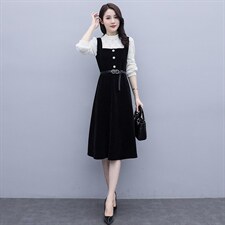 2021春季新款简约潮流时尚个性蕾丝拼接假两件套修身收腰连衣裙，女装连衣裙，瑶迪依秀