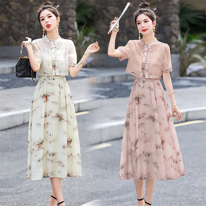 女2026夏季新款气质薄款盘扣外套碎花连衣裙,女装连衣裙,尚洛菲