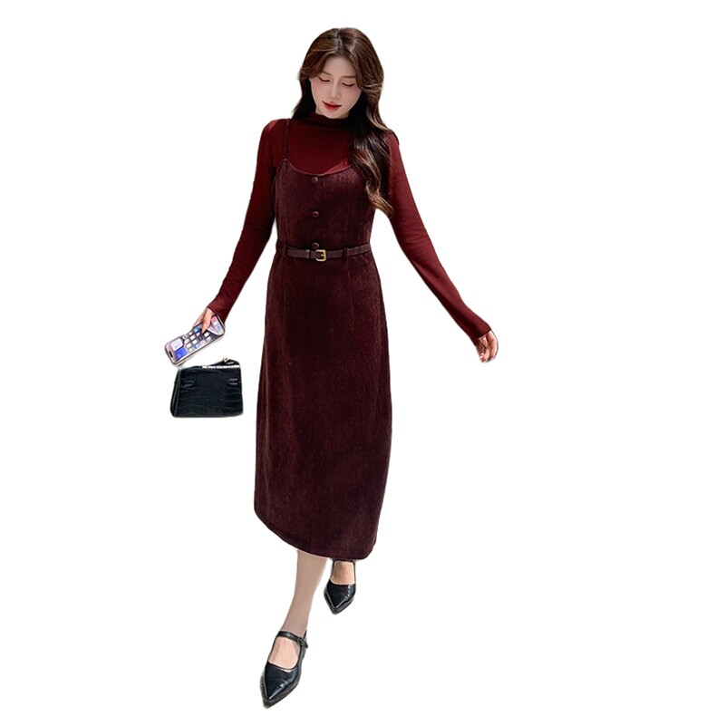现货秋装新款连衣裙+针织上衣套装配腰带A19P155-K208,女装连衣裙,2D045