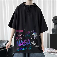 LD54186-P45NASA联名同款连帽短袖t恤男大码胖子带帽五分袖中袖，男装T恤，电商A040
