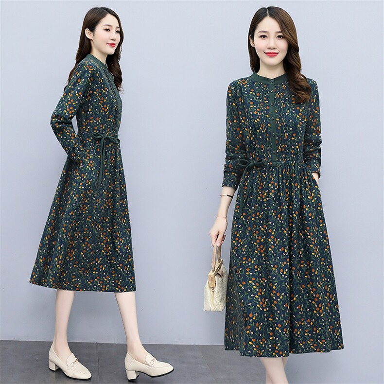 纯棉碎花连衣裙女长袖2026春新款小众设计收腰显瘦高档过膝长裙图片