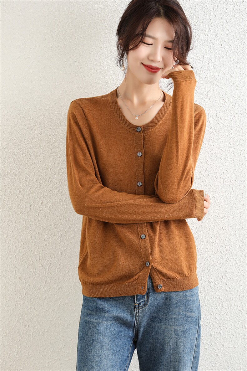 时尚百搭女士圆领羊毛开衫羊毛修身显瘦弹性针织衫,女装羊毛衫,高粱穗羊绒