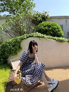 现货，夏季格纹方领泡泡袖连衣裙图片