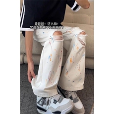 阔腿直筒裤子时尚白色泼墨破洞牛仔裤高街男涂鸦休闲裤子K8072，男装牛仔裤，星座1116A（原606A-3）