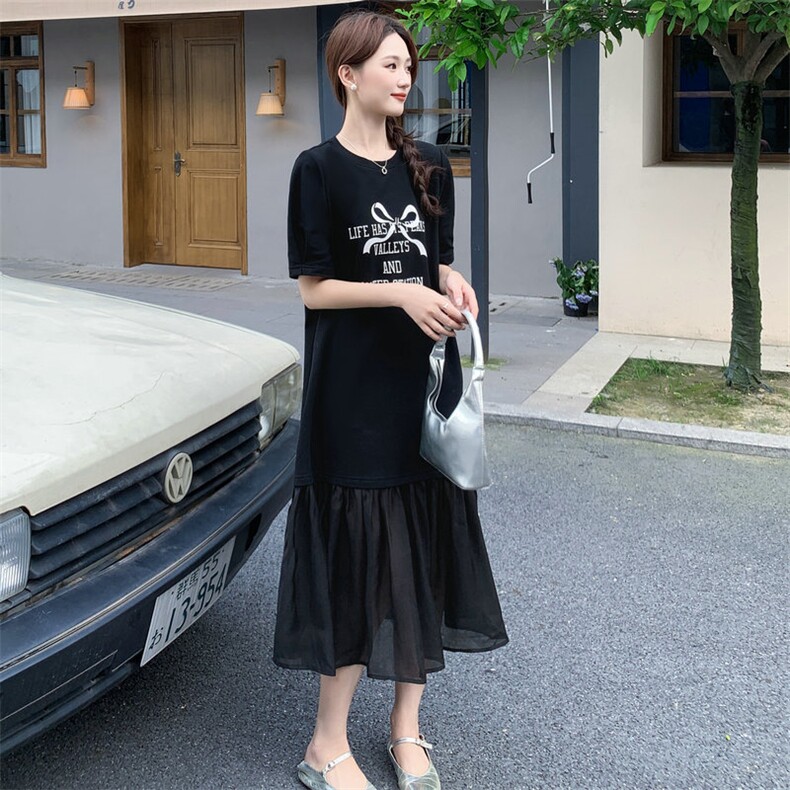 《现货48H发》翻领抽绳印花假两件连衣裙,女装连衣裙,MQ