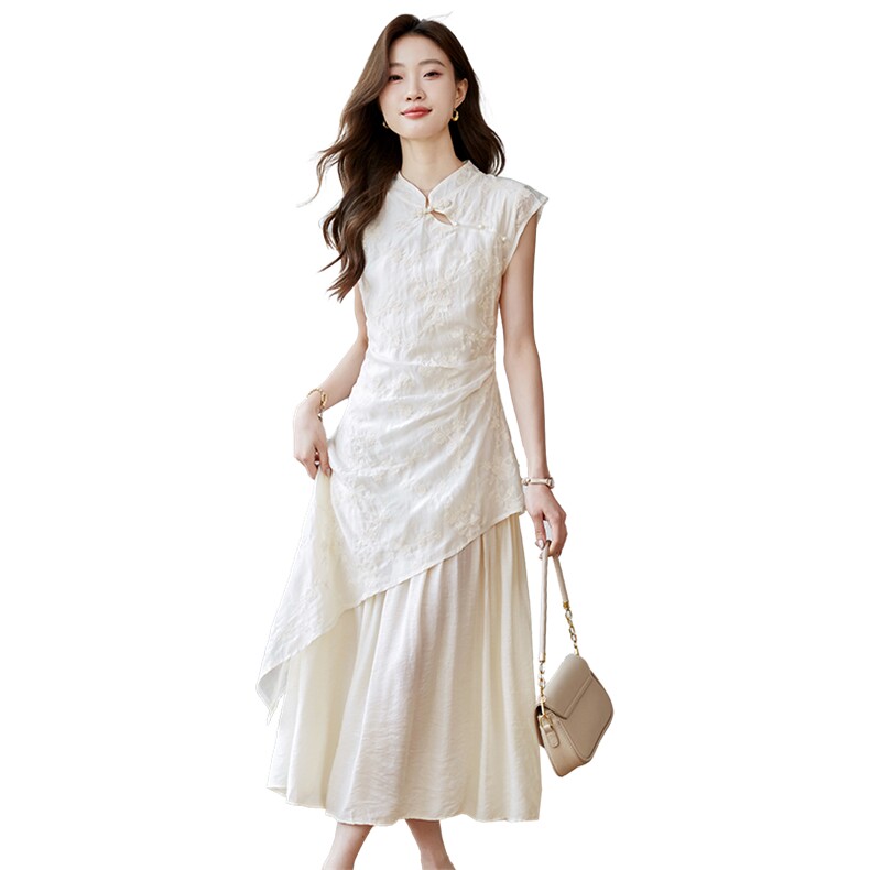 时尚优雅连衣裙女2026年夏季新款新中式盘扣裙子白色裙子,女装连衣裙,时尚风爆