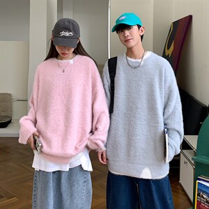 2022日系慵懒百搭假两件情侣上衣秋冬季毛绒圆领毛衣男 M524-P68图片
