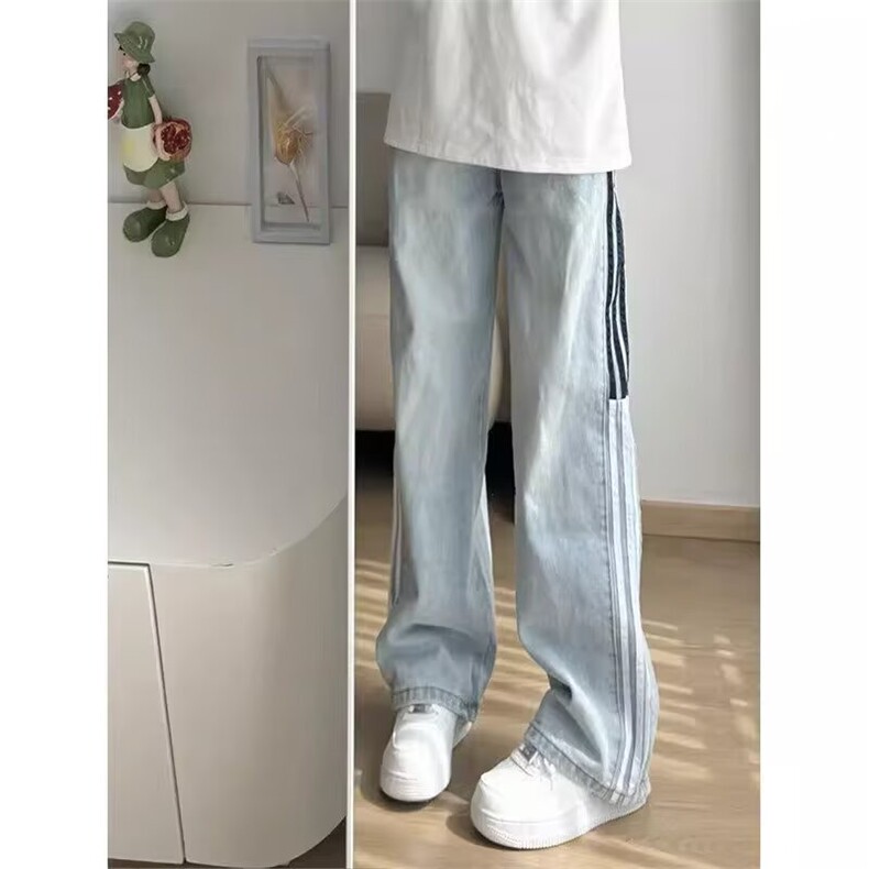 美式高街条纹牛仔裤男女春秋设计感休闲直筒阔腿长裤潮LA0788-P45,男装牛仔裤,星座1008