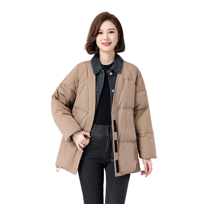 现货2022冬季新款时尚简约韩版休闲牛仔拼接羽绒服,女装羽绒服,深水步