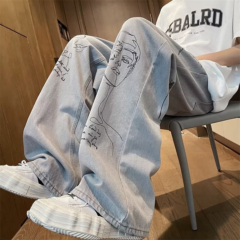 复古手绘涂鸦微喇牛仔裤男痞帅vibe高街做旧长裤子NC1078,男装牛仔裤,星座1116A-1（原606A）