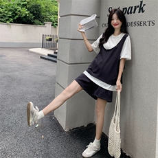 小个子运动休闲套装女2025夏季新款学院风假两件T恤短裤两件套潮，女装套装/套裙，浙宝217