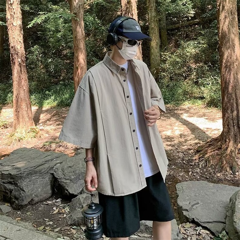 日系复古短袖衬衫男士夏季薄款工装衬衣潮牌百搭宽松休闲半袖外套,男装衬衫,星座716-2