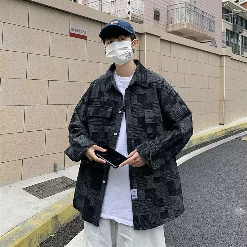 港风复古工装牛仔衬衫男潮牌水洗做旧上衣长袖宽松薄款格子外套潮,男装衬衫,星座1210-1