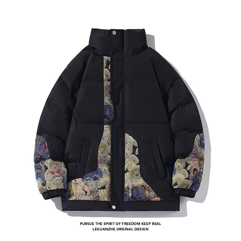 2023冬季新款港风白底大码立领小熊拼接棉衣M-5XHM23926-P125,男装棉衣,电商A022