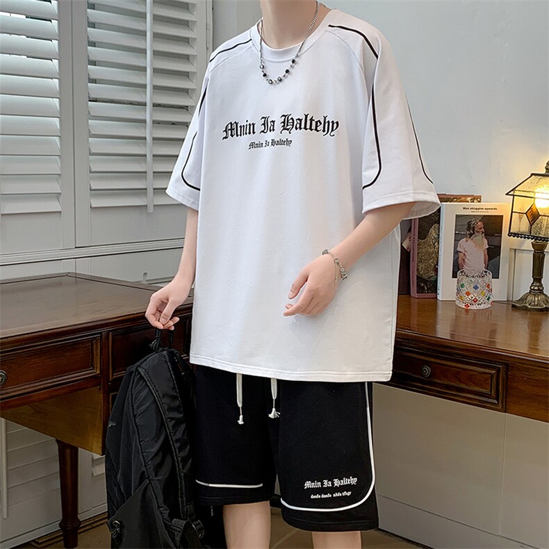 新款夏季短袖t恤套装冰丝透气港风宽松运动青少年男装DF328P48,男装休闲套装,电商A086