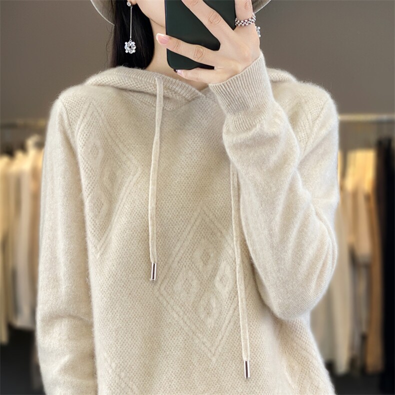 连帽针织羊毛衫女士宽松纯色亲肤毛衣2025秋冬新款套头卫衣打底衫,针织衫/毛衣,大美人包芯纱店