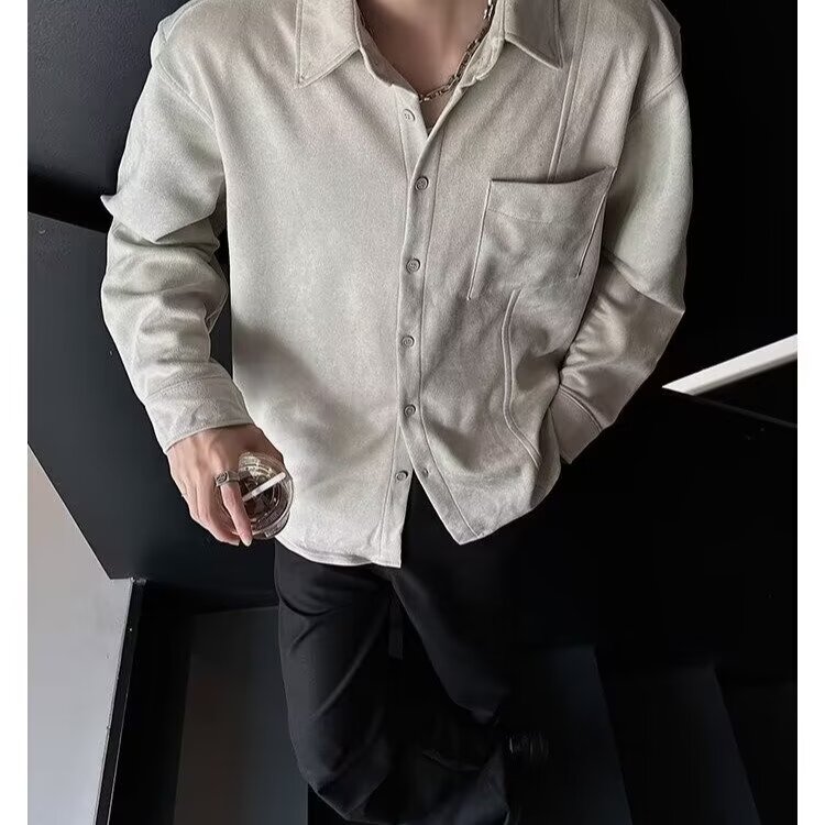 美式复古基础款麂皮绒工装长袖衬衫男垂感宽松休闲高级感衬衣外套,男装衬衫,星座506A