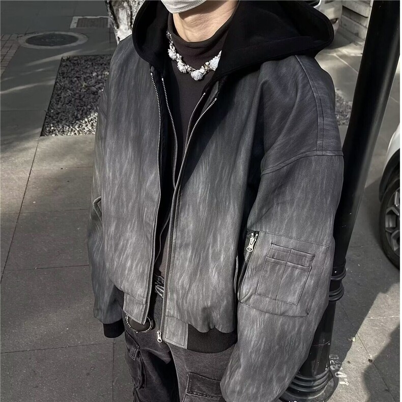 DJ690-P88美式假两件连帽外套男春秋新款PU皮衣夹克潮-网图现货,男装夹克,星座603-2