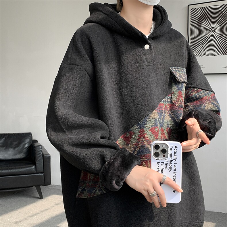 WY10096-P55摇粒绒撞色拼接保暖连帽小众卫衣,男装棉衣,电商A059
