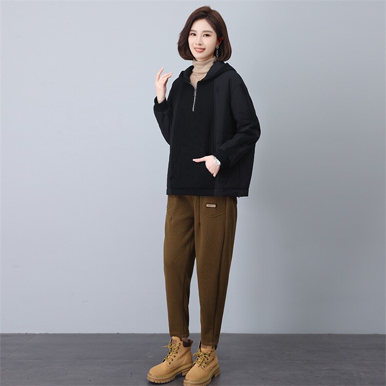 叶笙衣套装6561-530拼接连帽加棉两件套休闲加绒加厚卫裤,女装套装/套裙,叶笙衣