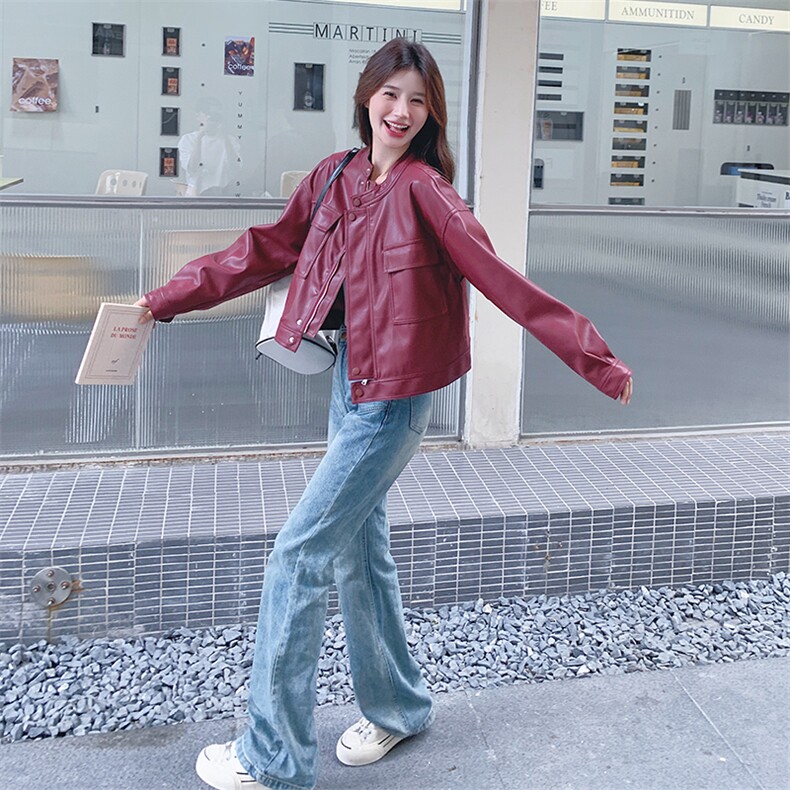【现货】2026秋装短款安可拉红皮衣外套2C056-6813-P135控188,女装皮衣,2C056