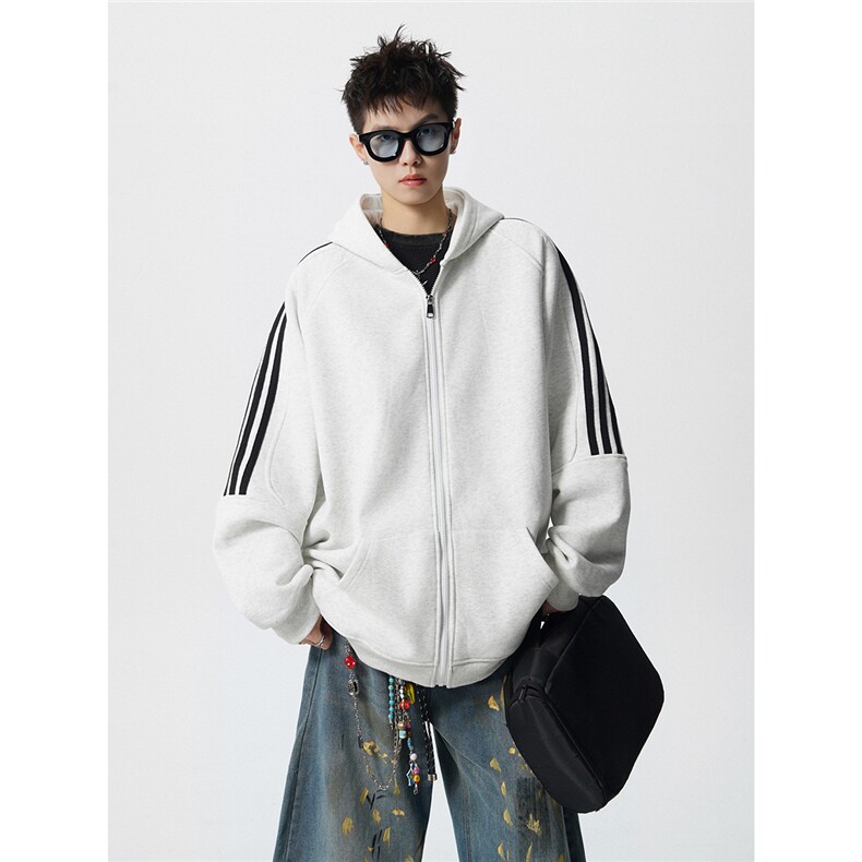 8XL-M秋冬美式运动三条杠条纹开衫卫衣连帽特大码宽松JK5206/P65图片