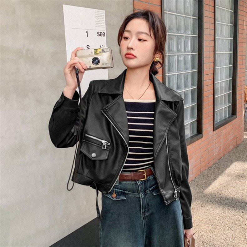 大量现货2024春季女装新款时尚收腰气质短款皮衣外套浙宝013,女装皮衣,莘蕾