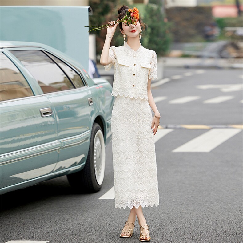 小香风蕾丝套装裙女2024夏季新款名媛气质刺绣上衣半身长裙两件套,女装套装/套裙,韩宇舍